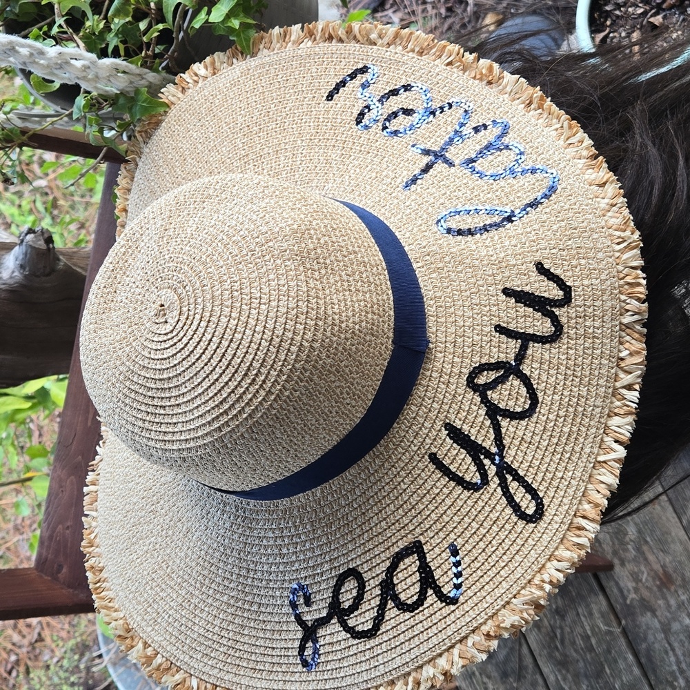 Mudpie Wide Floppy Brim Straw Hat With Sequined Sea You Later Embroidery